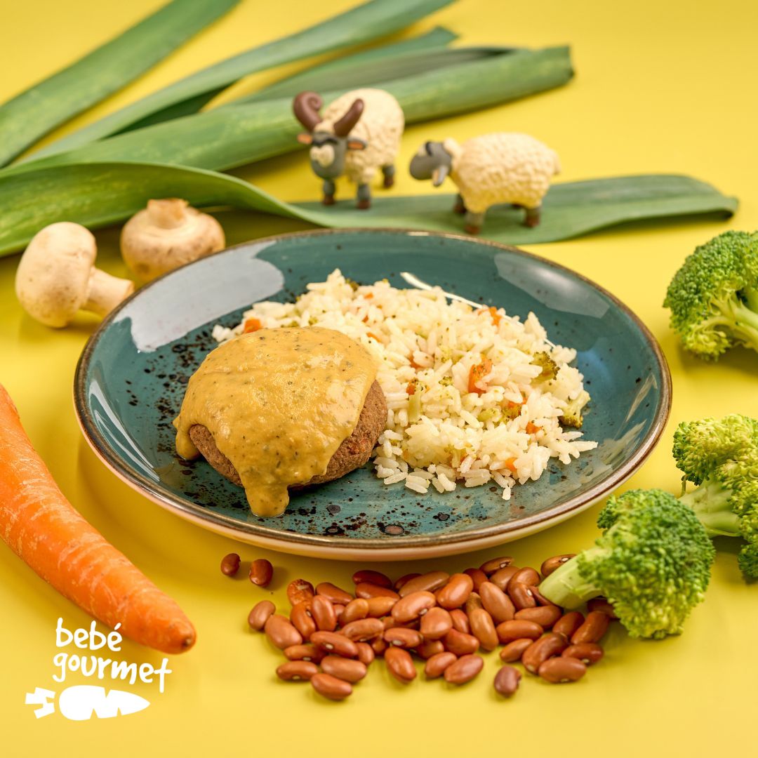 Hamburguer de Feijão com Bechamel de Cenoura e Arroz Alegre (12+)